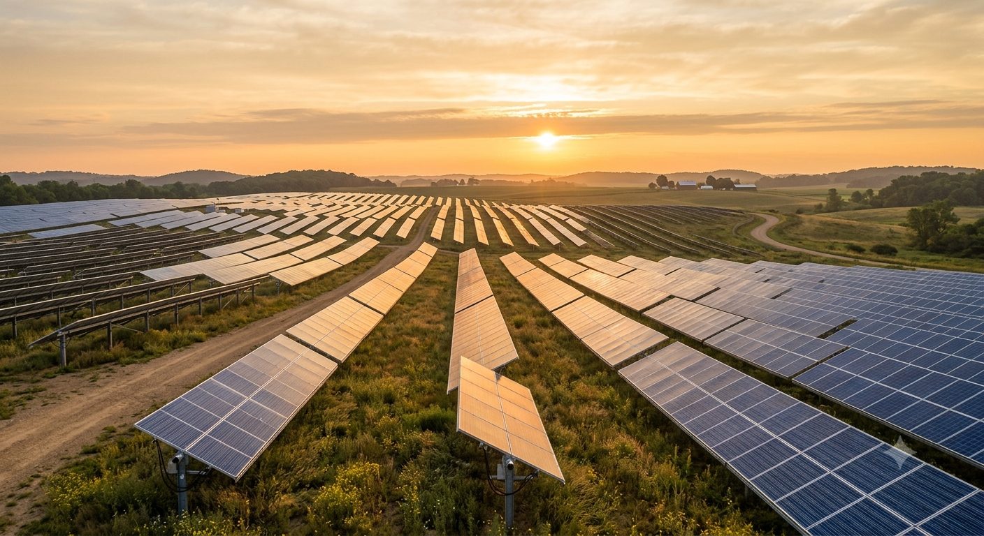 Solar panel field at sunrise