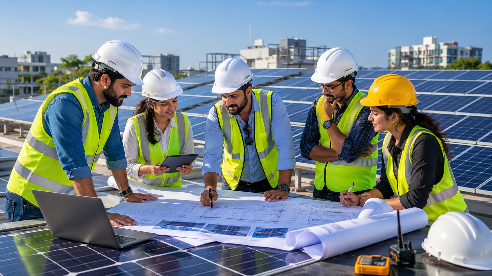Power Plus solar engineering team reviewing project plans