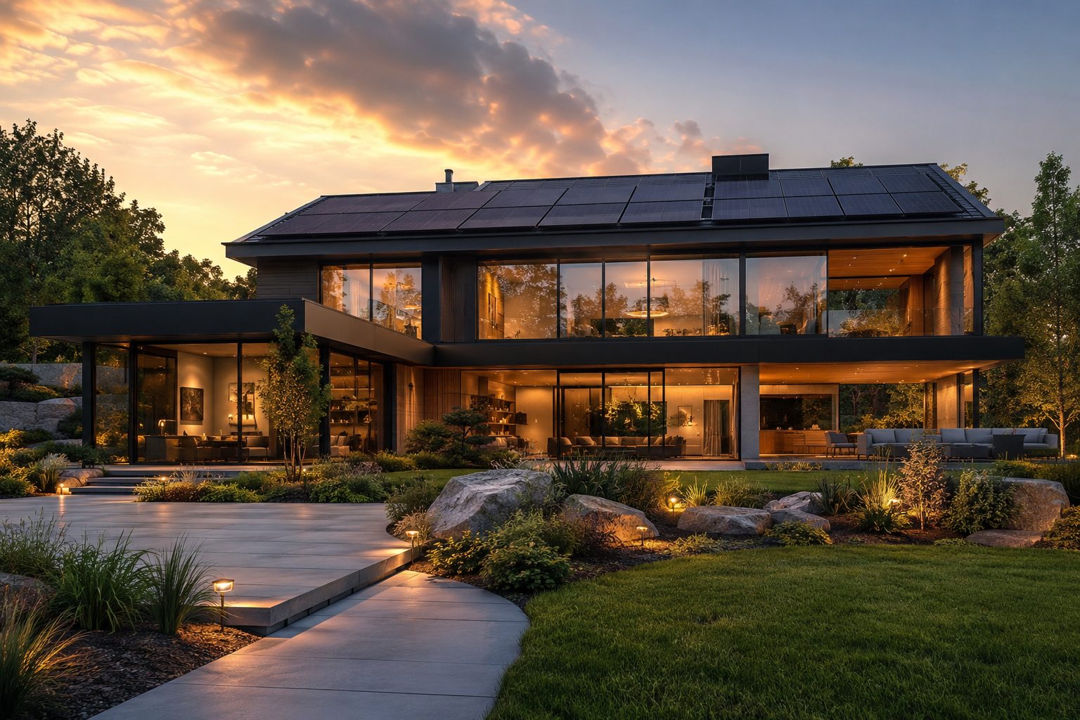 Modern home with rooftop solar panels at golden hour
