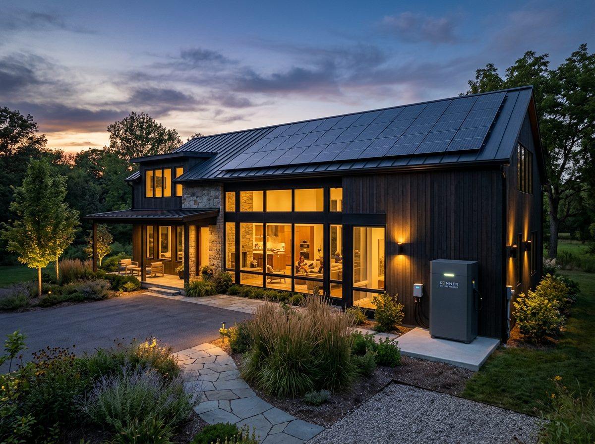 Solar installation with battery backup at dusk
